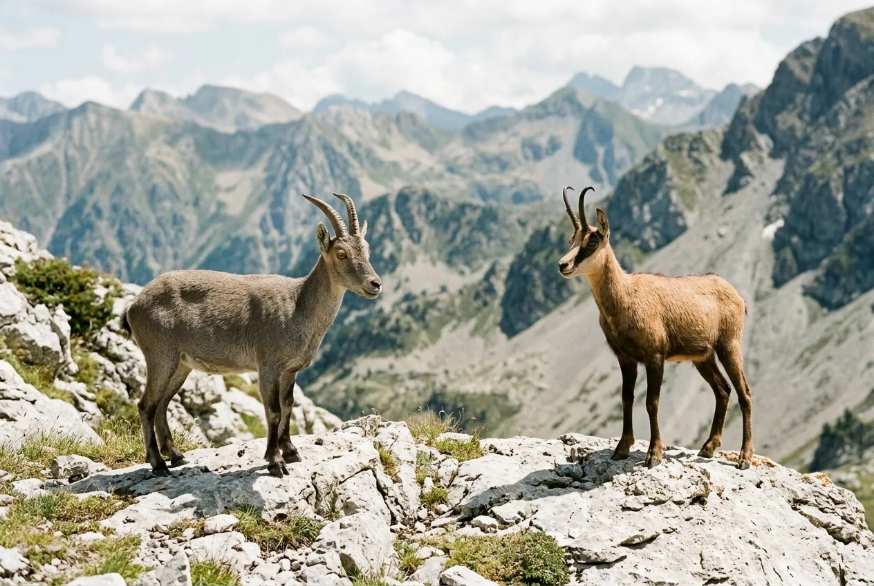 Une femelle de bouquetin ibérique aux cornes courtes et légèrement recourbées, au pelage gris-fauve uniforme, se tient près d'un isard au masque facial contrasté sur un même affleurement pyrénéen