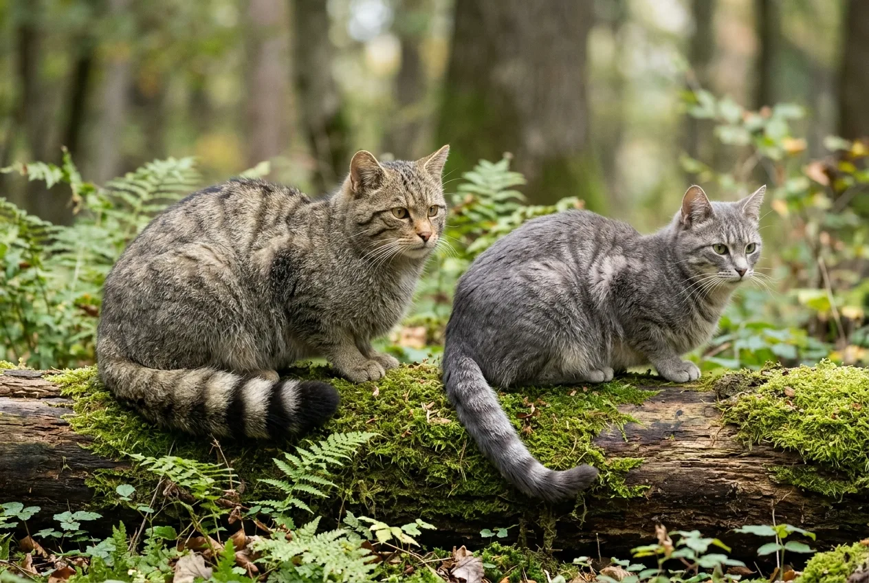 Comparaison rapprochée de deux queues de chat : celle, épaisse et annelée à bout noir tronqué, du chat forestier, et celle, fine et pointue, du chat domestique