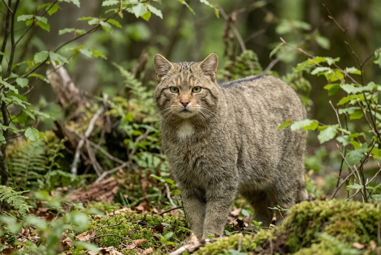 Portrait rapproché d'un chat forestier montrant son museau rose ourlé de brun, son iris vert et le début de sa raie dorsale unique