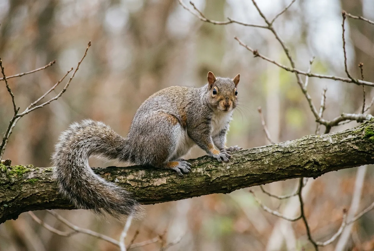 Un écureuil gris, plus massif et aux oreilles nues sans pinceaux, assis sur une branche épaisse