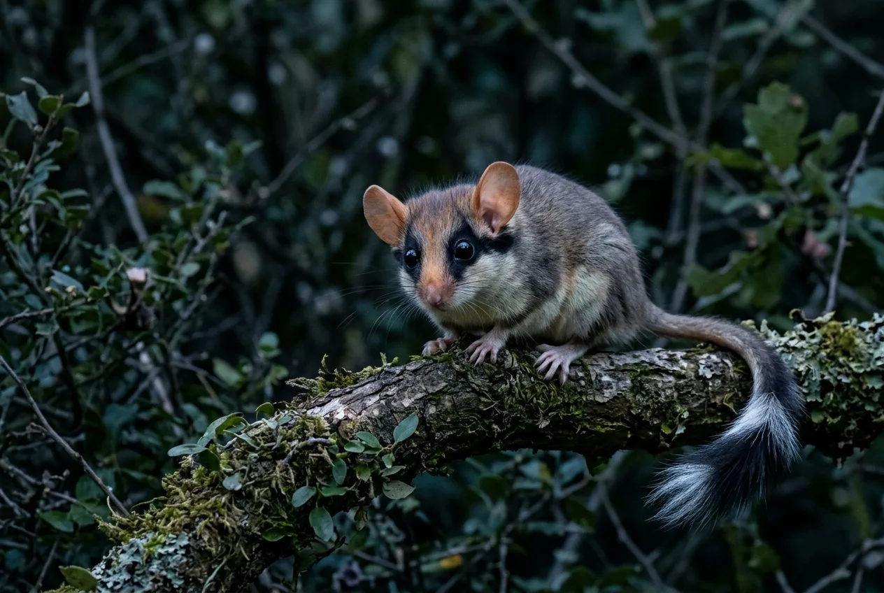 Un lérot au masque facial noir bien marqué et à la queue terminée d'un pinceau noir et blanc, la nuit