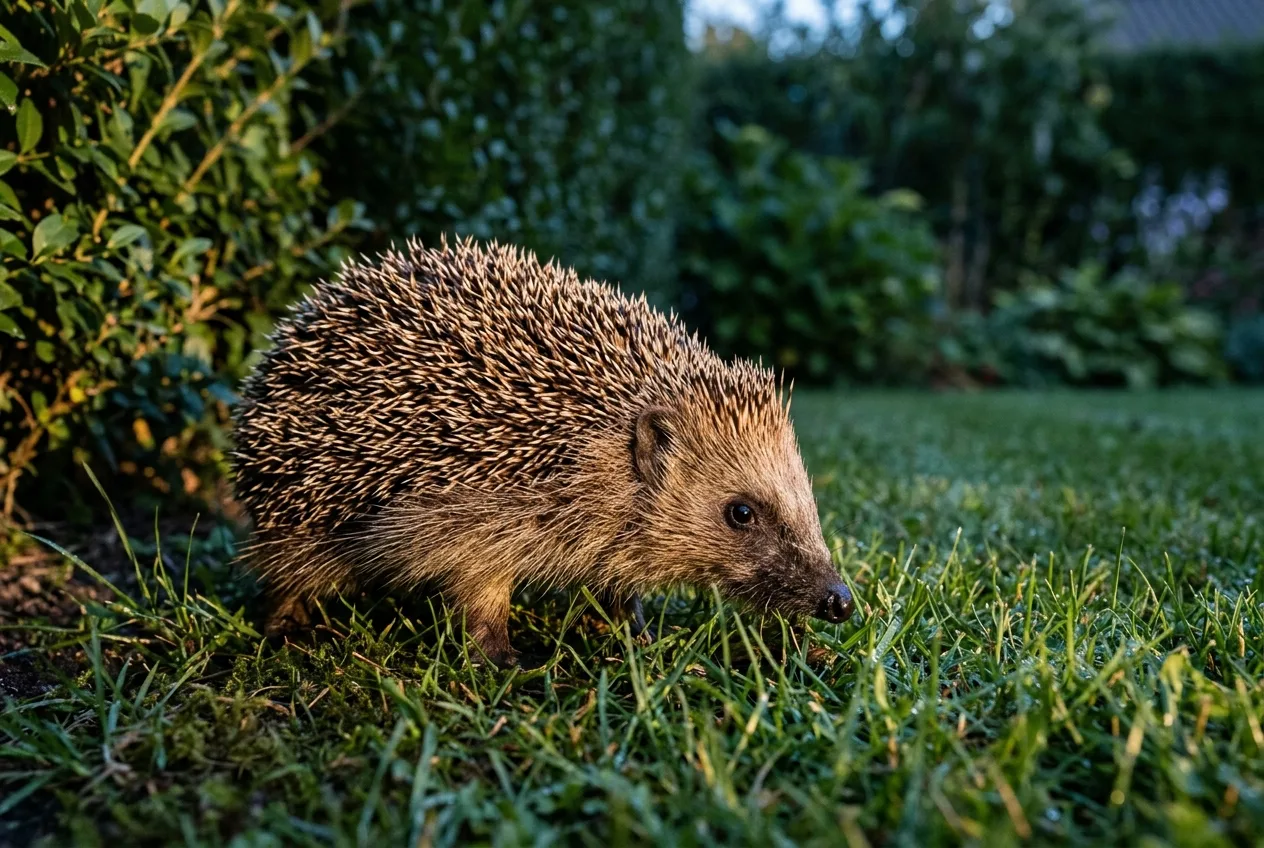 Un hérisson d'Europe fouillant l'herbe humide au crépuscule, au ras du sol, le long d'une haie