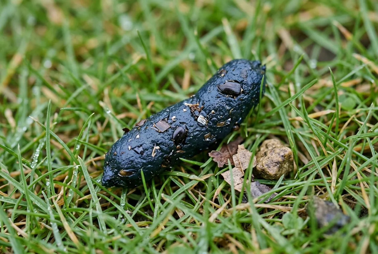 Une crotte de hérisson sombre et luisante, cylindrique et truffée de fragments d'insectes brillants, posée sur une pelouse