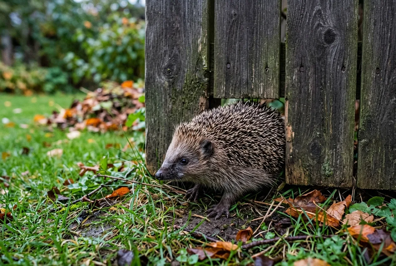 Un petit trou de passage usé au bas d'une clôture en bois, une 'autoroute à hérissons' entre deux jardins