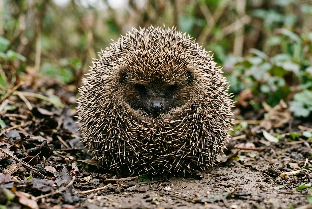 Un hérisson d'Europe recroquevillé en boule hérissée de piquants, réflexe de défense contre un danger perçu