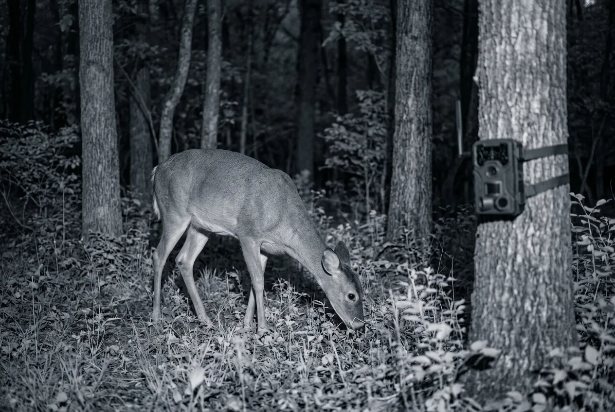 Un cerf s'alimentant tranquillement de nuit à quelques mètres d'une caméra de faune montée