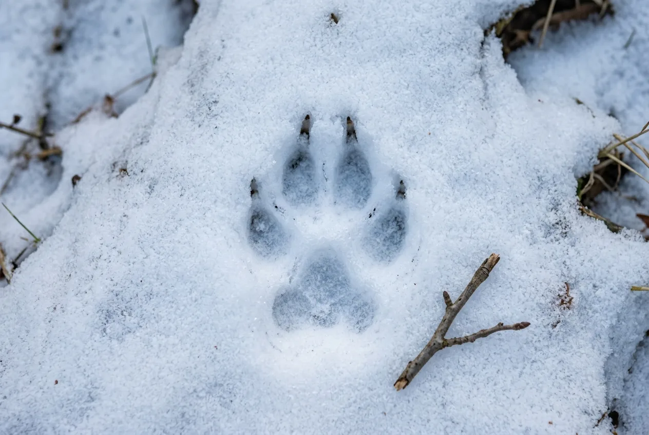 Une empreinte de renard aux quatre doigts et aux griffes bien marquées dans la neige fraîche