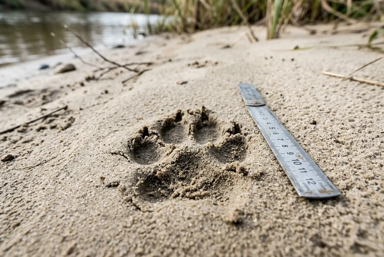 Une empreinte de canidé creusée dans le sable légèrement humide d'une berge, avec une règle pliante posée à côté pour l'échelle