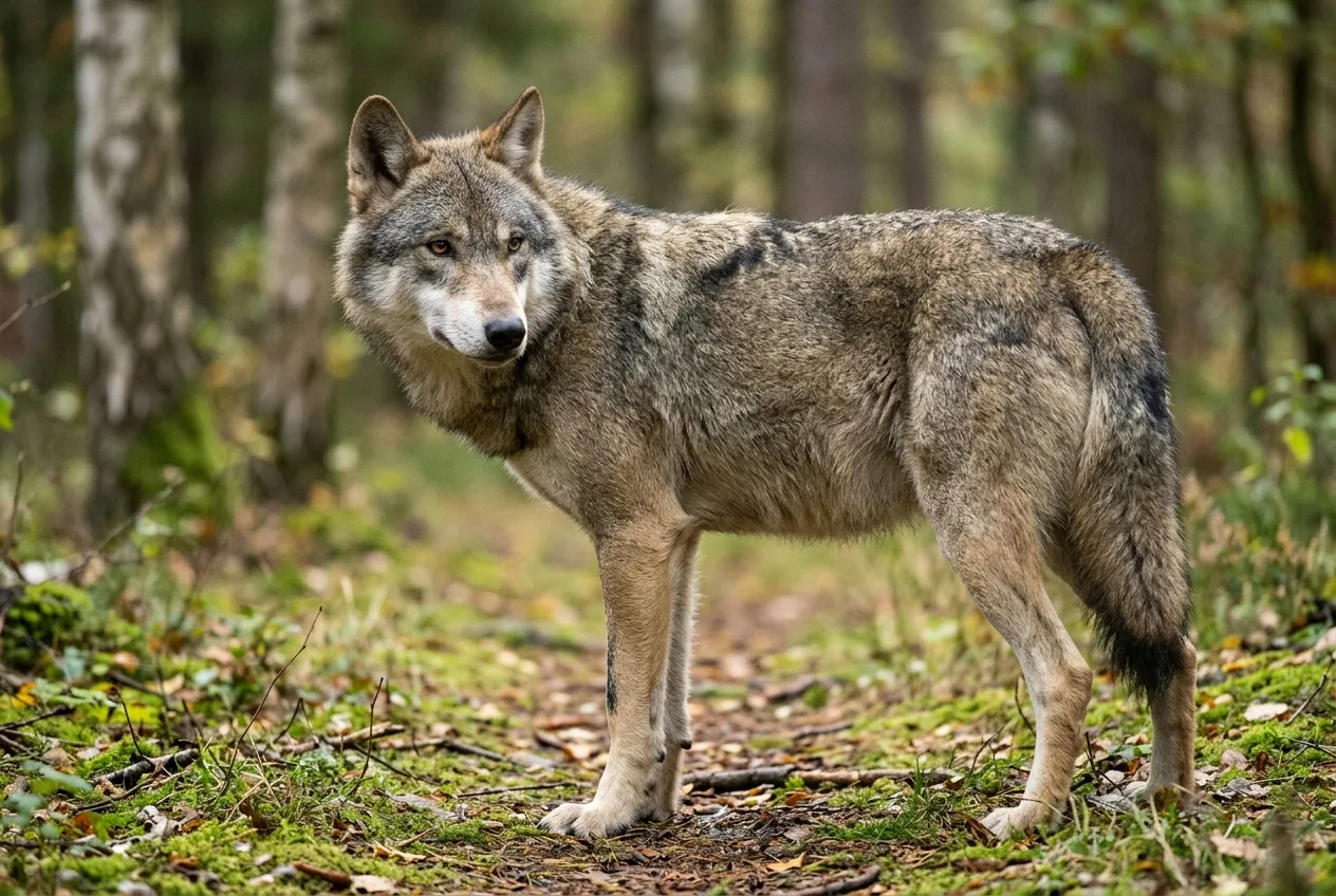 Gros plan sur la tête, la patte et la queue d'un loup montrant le masque clair des lèvres, le liseré noir de la patte avant et la queue basse