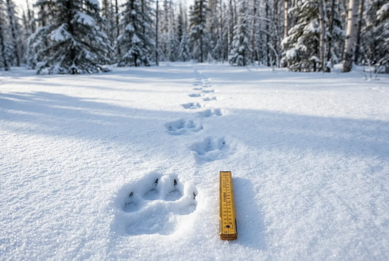 Une série d'empreintes de loup alignées en une trajectoire rectiligne et constante dans la neige fraîche, avec un mètre pliant posé à côté pour l'échelle