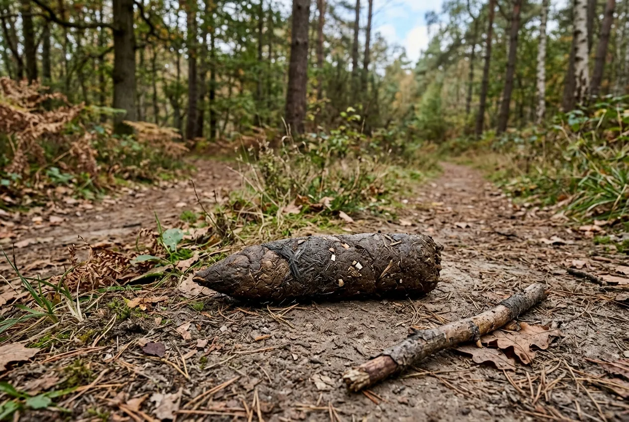 Une laissée de loup cylindrique et effilée, contenant des poils visibles, déposée bien en évidence au milieu d'un carrefour de sentiers forestiers