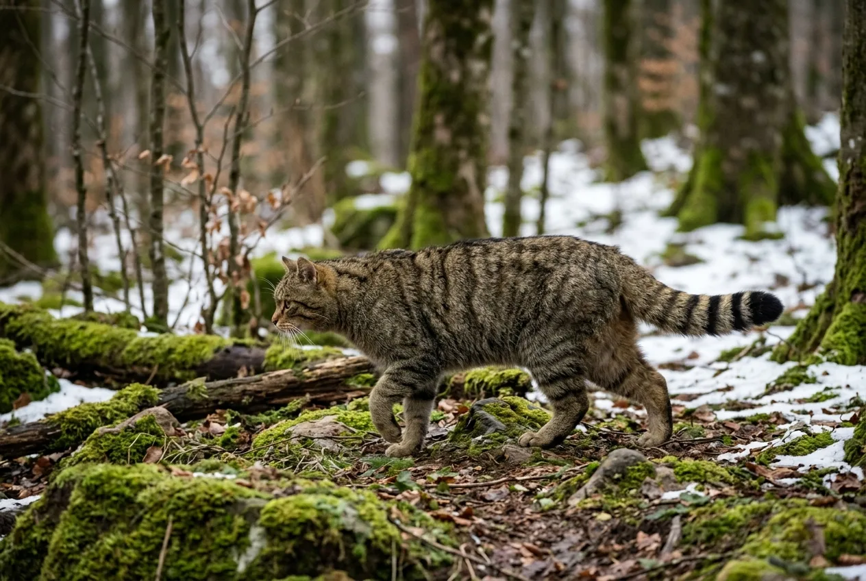 Un chat forestier au pelage tigré et à la queue épaisse annelée de noir traverse un sous-bois, comparé au lynx voisin