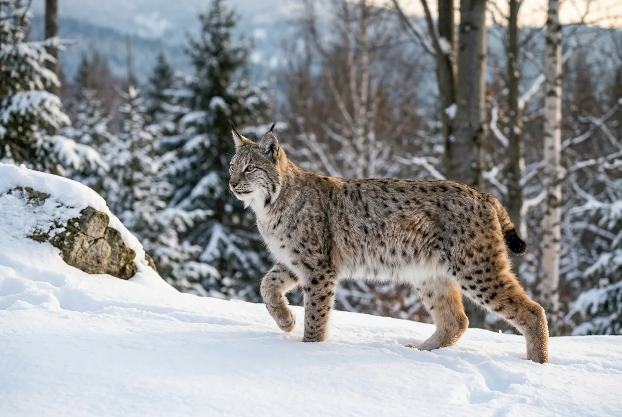 Un lynx se tient haut sur pattes dans la neige profonde, montrant sa silhouette élancée et sa queue courte
