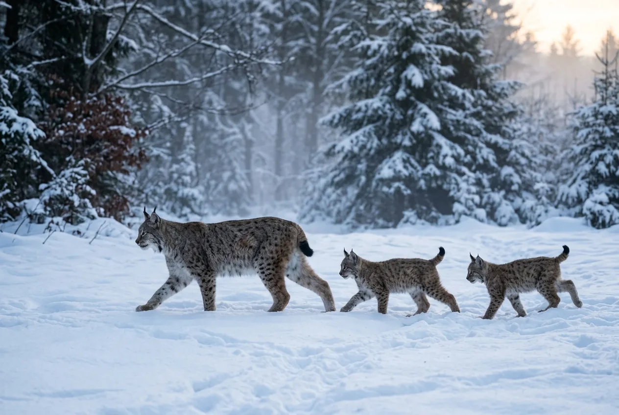 Une femelle lynx accompagnée de deux jeunes chatons traverse une clairière forestière enneigée à l'aube