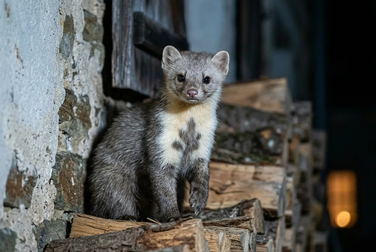 Une fouine assise de nuit sur un tas de bois contre le mur d'une maison, sa bavette blanche fourchue bien visible