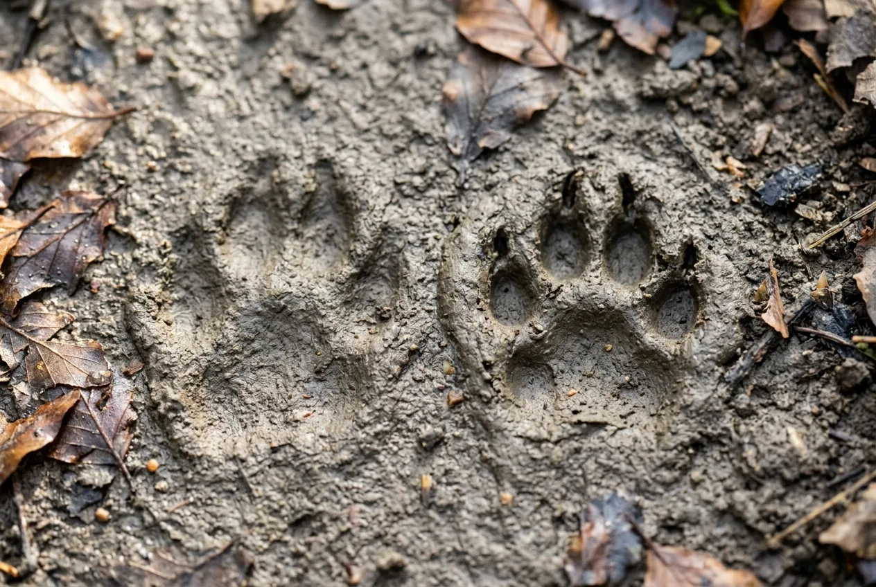 Comparaison de deux empreintes dans la boue : la trace estompée d'une martre à côté de la trace nette et griffée d'une fouine