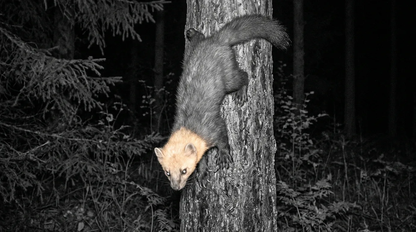 Une martre filmée de nuit par une caméra de faune, descendant un tronc tête la première, la bavette éclairée par l'infrarouge