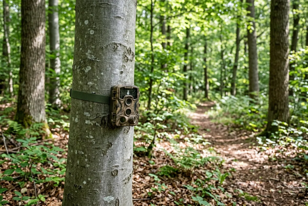 Une caméra de faune fixée à hauteur d'homme sur un tronc de hêtre lisse, dans une forêt de feuillus