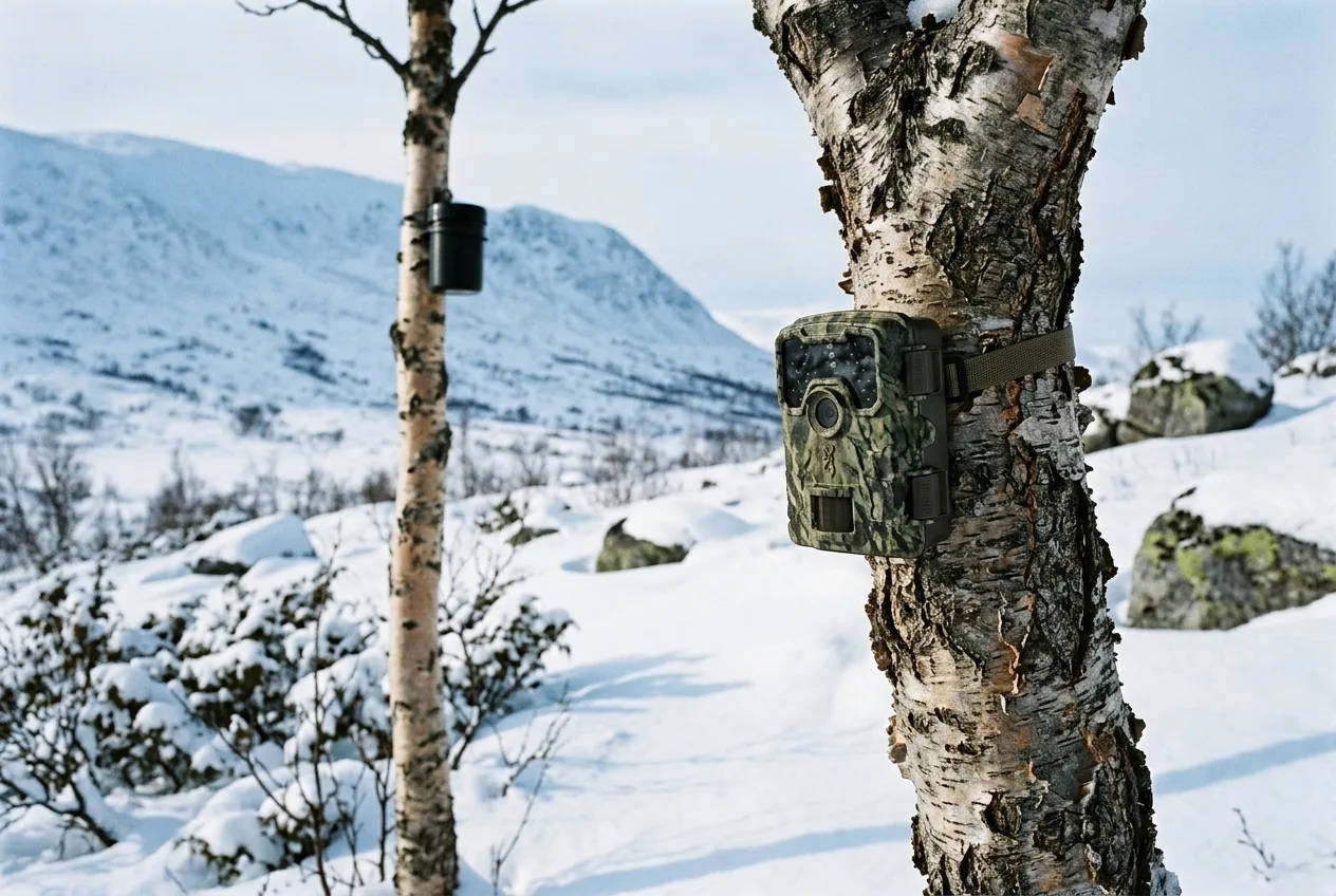 Une caméra de faune fixée haut sur un tronc, bien au-dessus de la neige, sur un versant de montagne