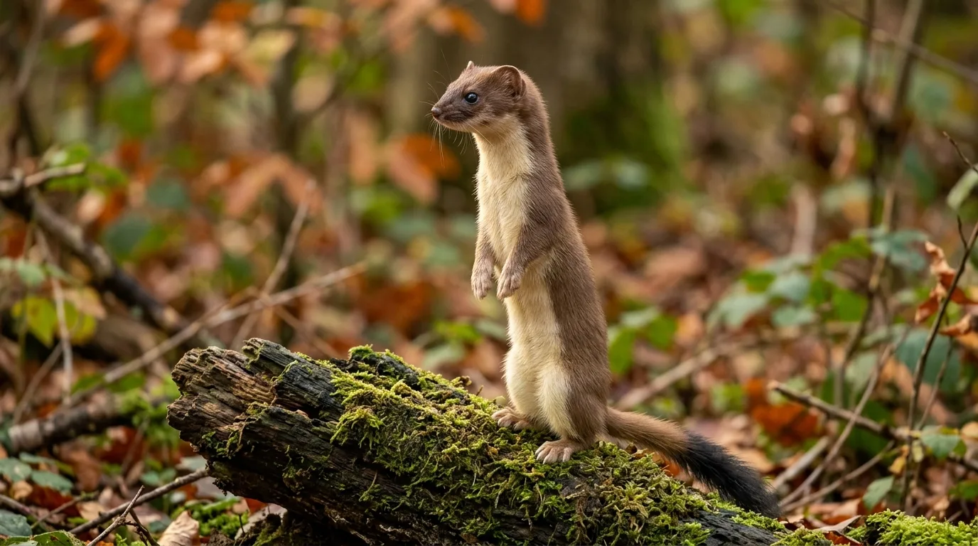 Une hermine se tient bien droite sur une bûche moussue en forêt, la queue terminée par un pinceau noir bien visible