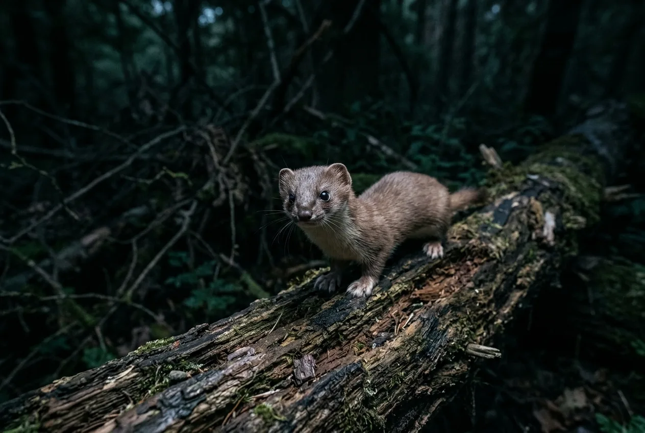 Une toute petite belette sur une bûche de nuit, dans une lumière froide de lune, en pleine forêt