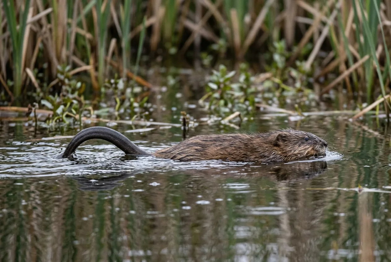 Un rat musqué flotte haut sur l'eau, la queue fine et comprimée verticalement ondulant en mouvements serpentins