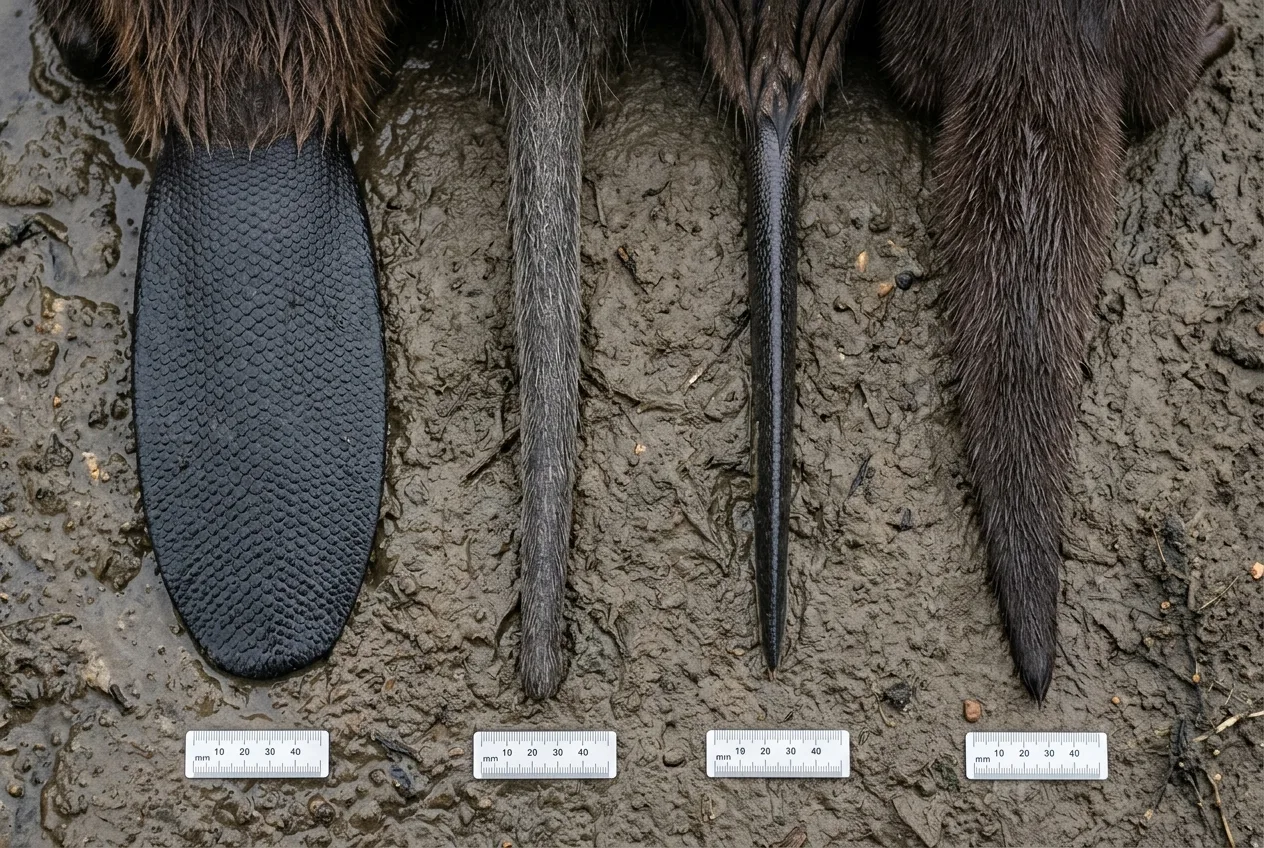 Planche comparative des quatre queues : plate chez le castor, ronde chez le ragondin, comprimée chez le rat musqué, épaisse et poilue chez la loutre