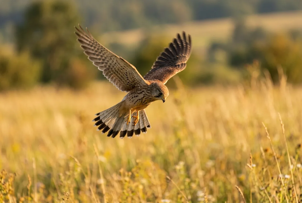 Un faucon crécerelle fait du surplace en plein vol, tête fixe tournée vers le sol, au-dessus d'une prairie dorée