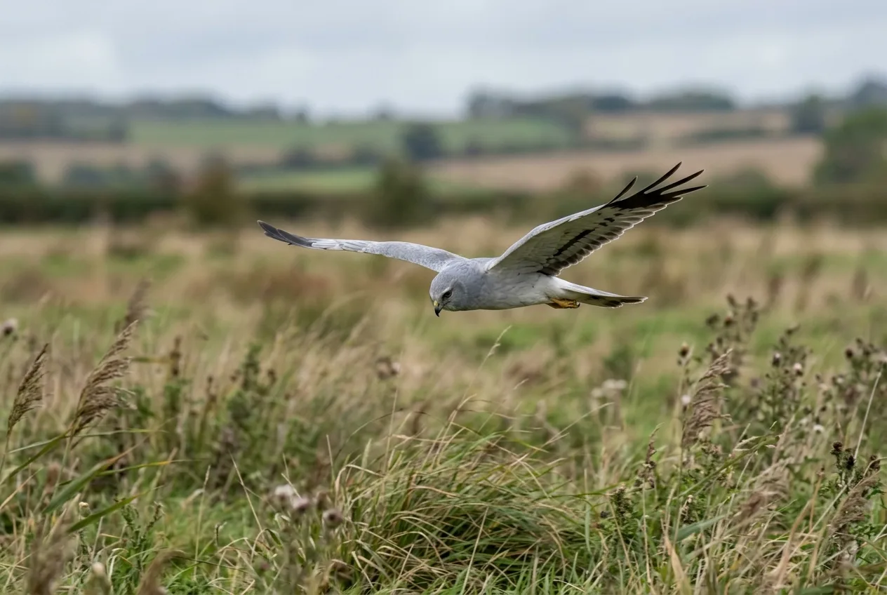 Un busard Saint-Martin au vol chaloupé rase une prairie basse, longues ailes étroites tenues à plat en dièdre peu marqué