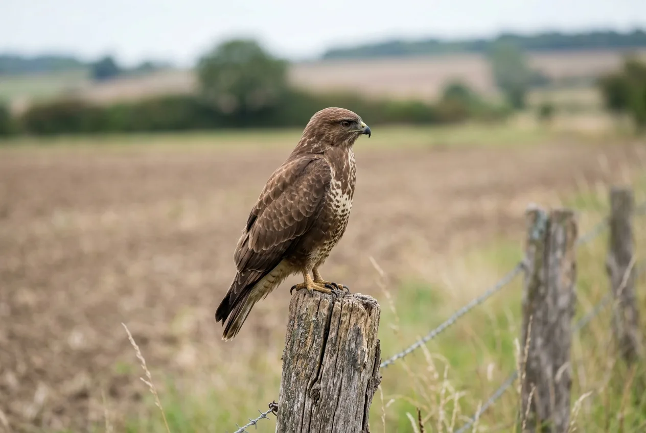 Une buse variable trapue, tête et collier visibles, postée à l'affût au sommet d'un piquet de clôture en lisière de champ