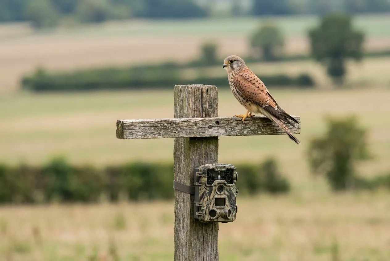 Un faucon crécerelle posé sur une perche artificielle en bois juste au-dessus d'une caméra de faune fixée au même poteau