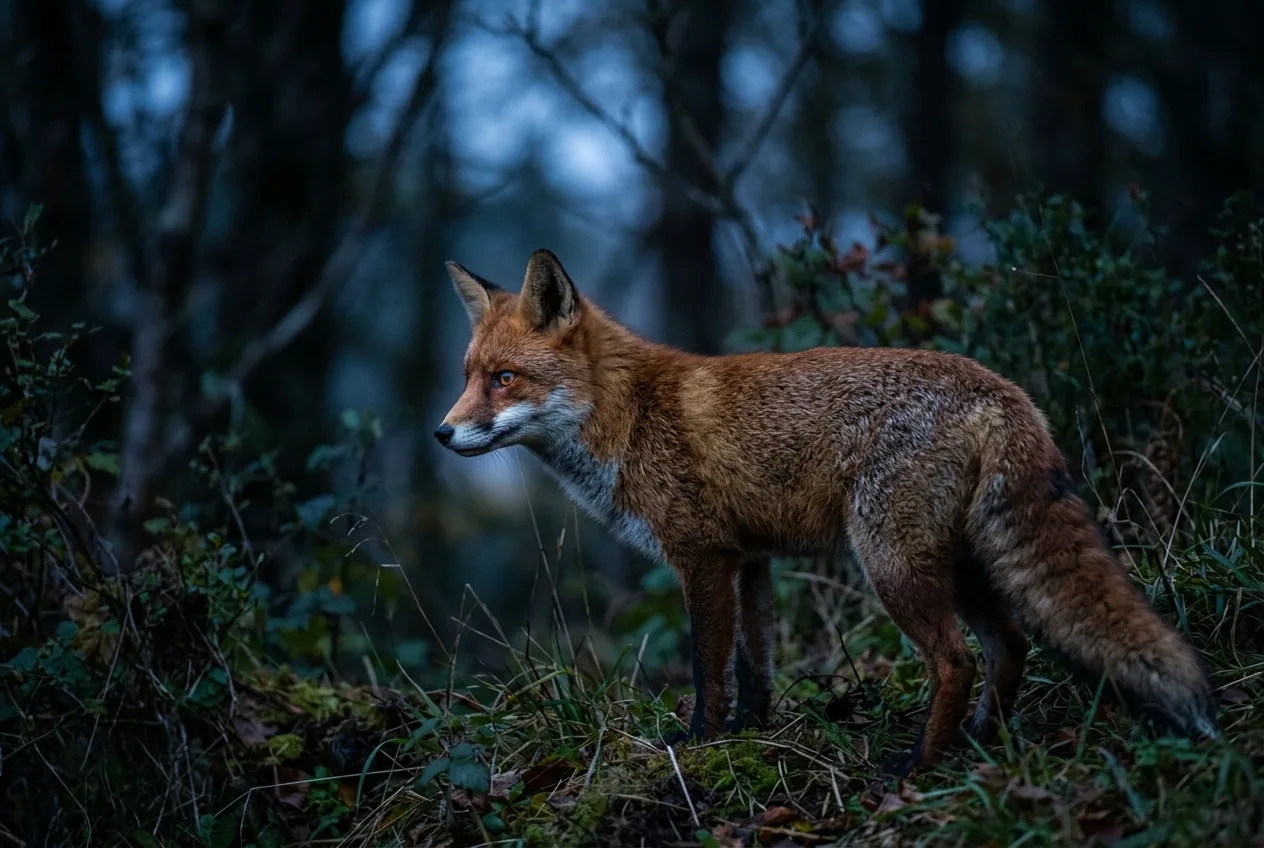Un animal photographié dans une faible lumière tamisée, au rendu doux et légèrement granuleux