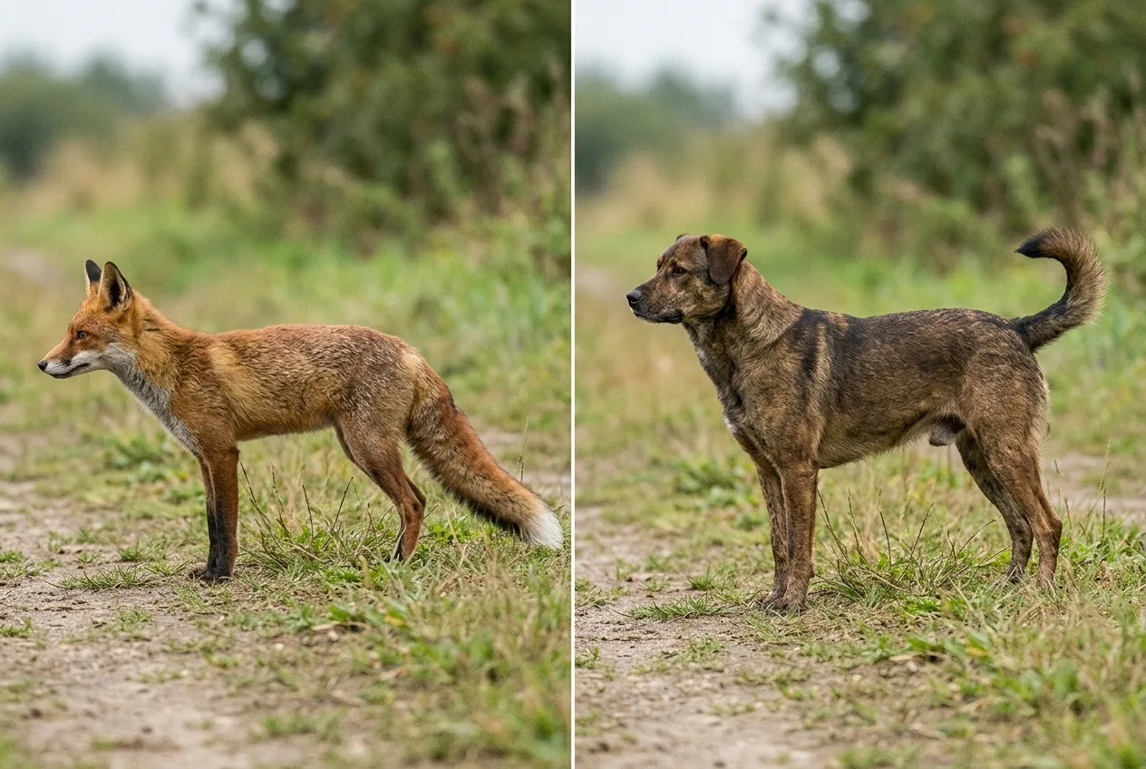 Comparaison côte à côte de la silhouette d'un renard roux, basse et fine avec une longue queue touffue, et d'un chien errant, plus haut sur pattes à la queue portée relevée