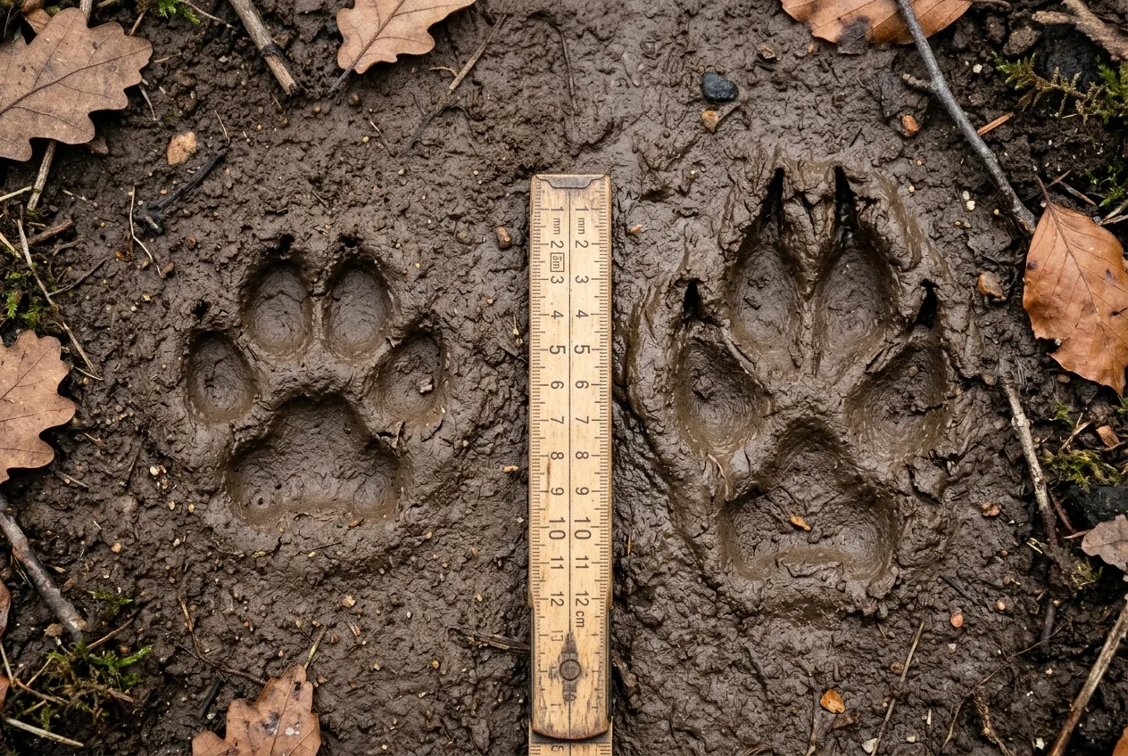 Comparaison au sol d'une empreinte de chat ronde et sans griffes à côté d'une empreinte de renard allongée avec des marques de griffes, dans la boue humide