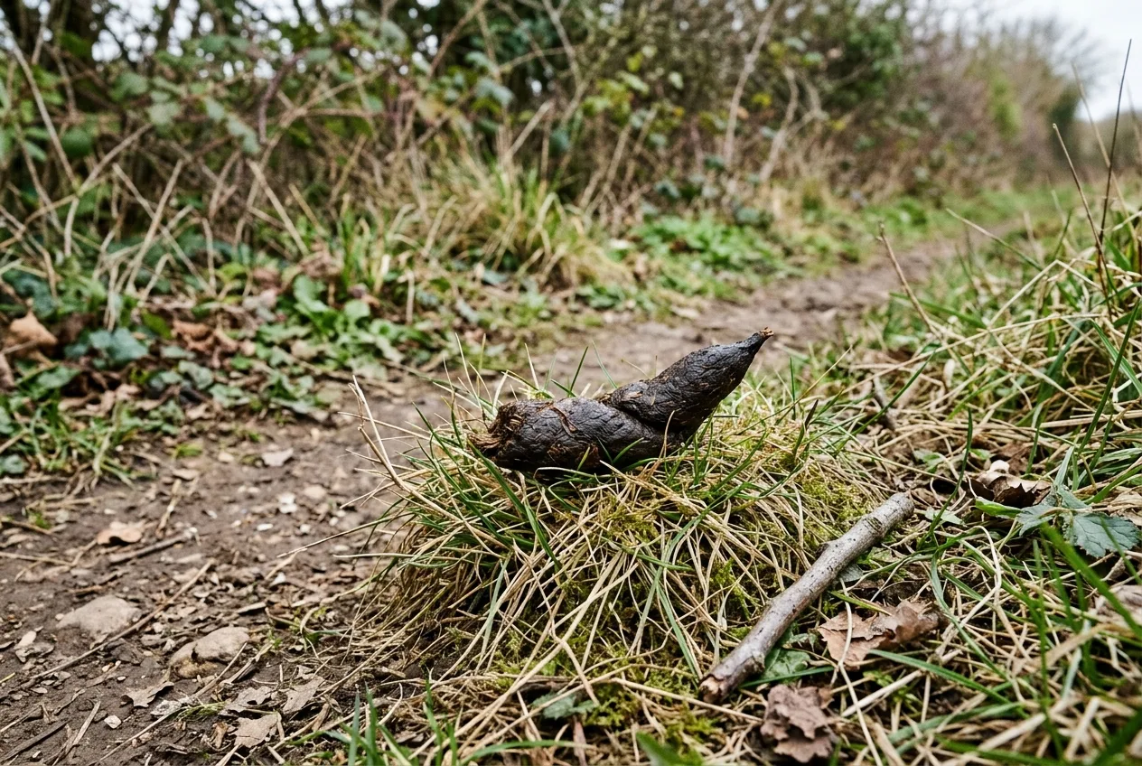 Une laissée de renard torsadée à bout pointu, déposée bien en évidence au sommet d'une bosse d'herbe le long d'un sentier