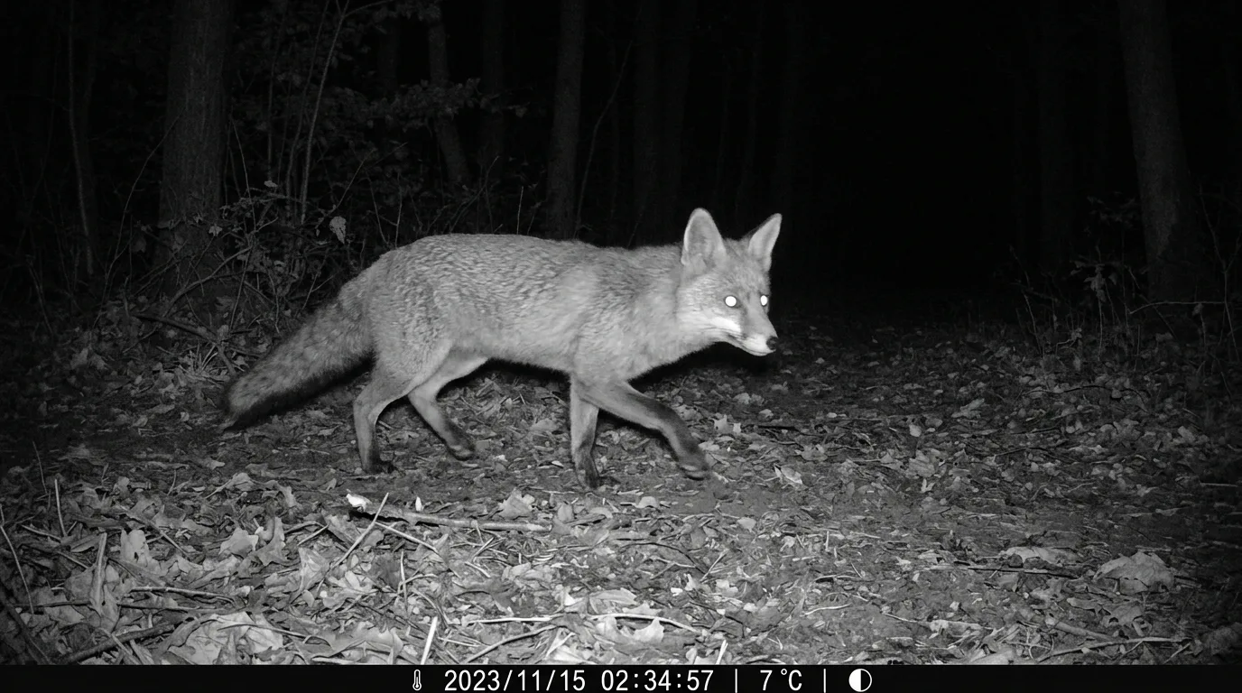 Un renard roux photographié de nuit par une caméra de faune, avec la date, l'heure, la température et la phase de la lune imprimées dans un bandeau de données au bas de la photo