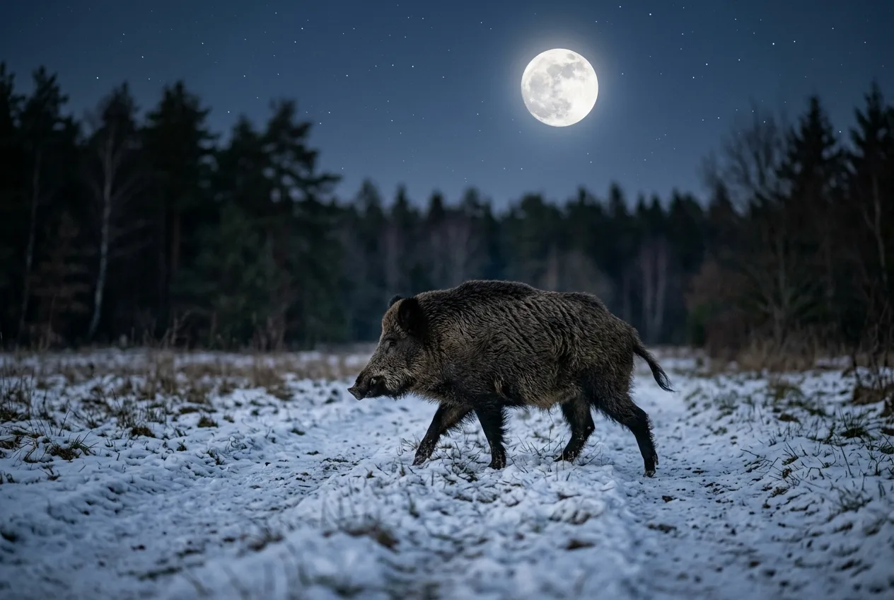 Un sanglier traversant un terrain découvert sous une pleine lune éclatante, par une nuit d'hiver claire