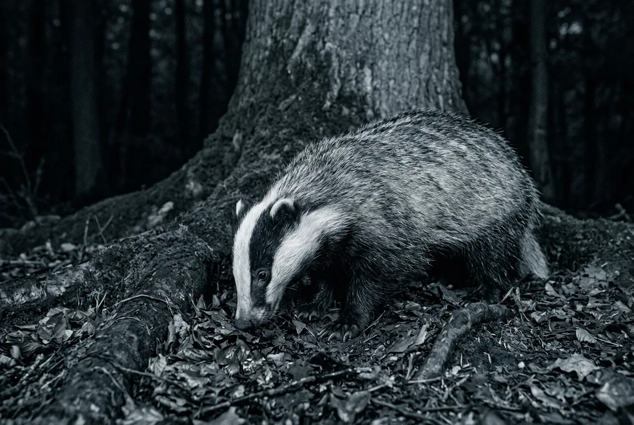 Un blaireau européen fouillant le sol forestier la nuit, déclenchant une caméra de faune dans une lumière froide presque monochrome