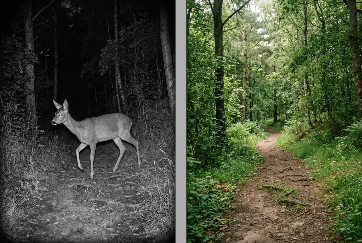Comparaison côte à côte du même sentier forestier : un chevreuil capturé de nuit en infrarouge et le même lieu de jour en lumière naturelle, illustrant le contraste d'activité