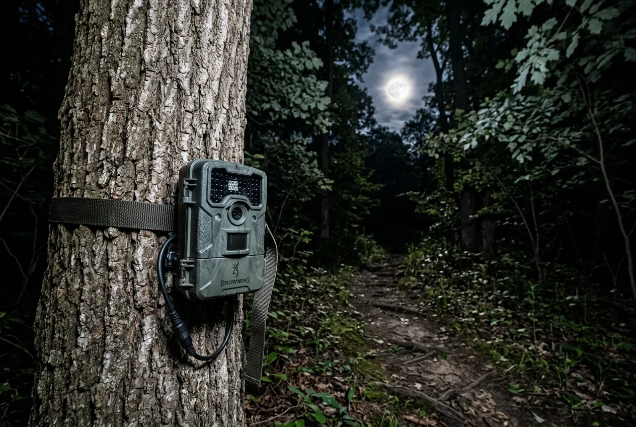 Une caméra de faune sanglée à un arbre, visant un sentier forestier éclairé par une pleine lune haute dans le ciel nocturne