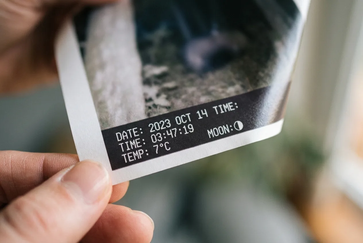 Gros plan sur une photo imprimée de caméra de faune montrant le bandeau de données avec la date, l'heure, la température en degrés Celsius et l'icône de phase lunaire
