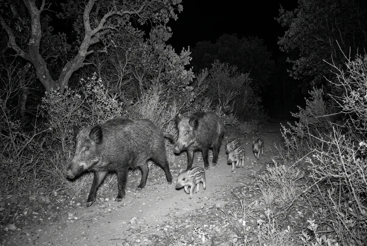 Une compagnie de sangliers avec des marcassins rayés photographiée de nuit en infrarouge par une caméra de faune le long d'une coulée