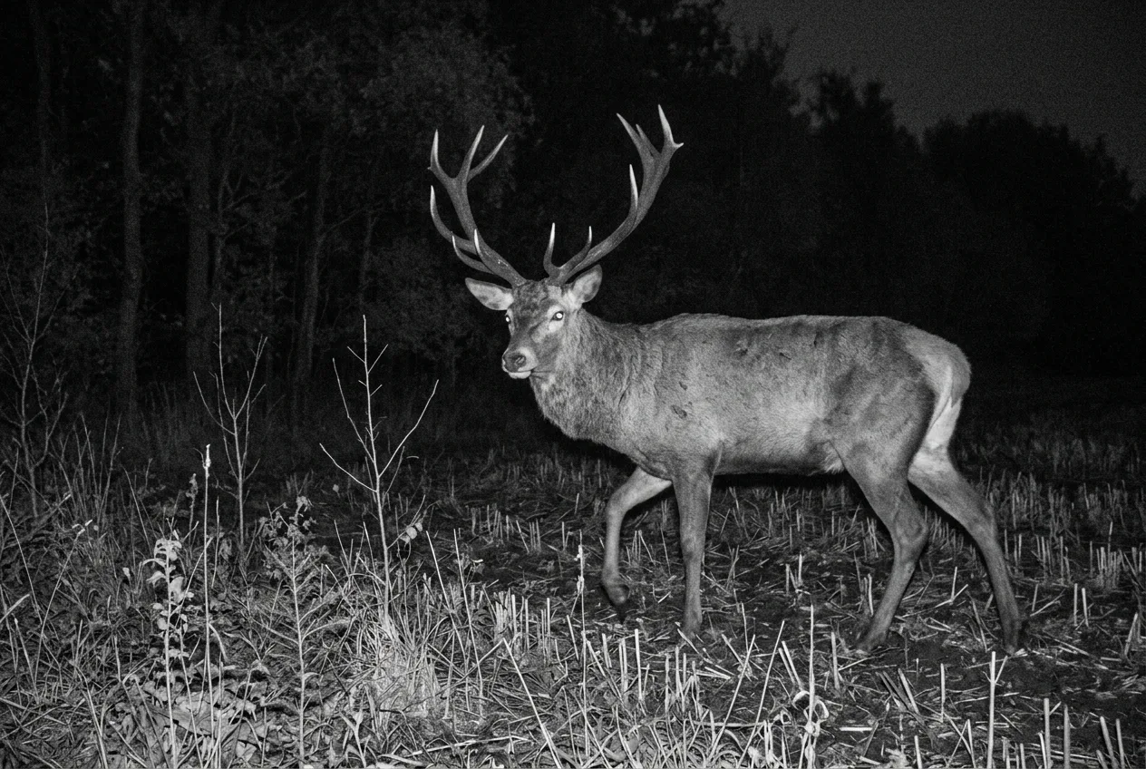 Fotogramma notturno a infrarossi in bianco e nero di un grande cervo che attraversa il margine di un campo al buio, con lo specchio anale che appare come una macchia grigia opaca anziché bianca