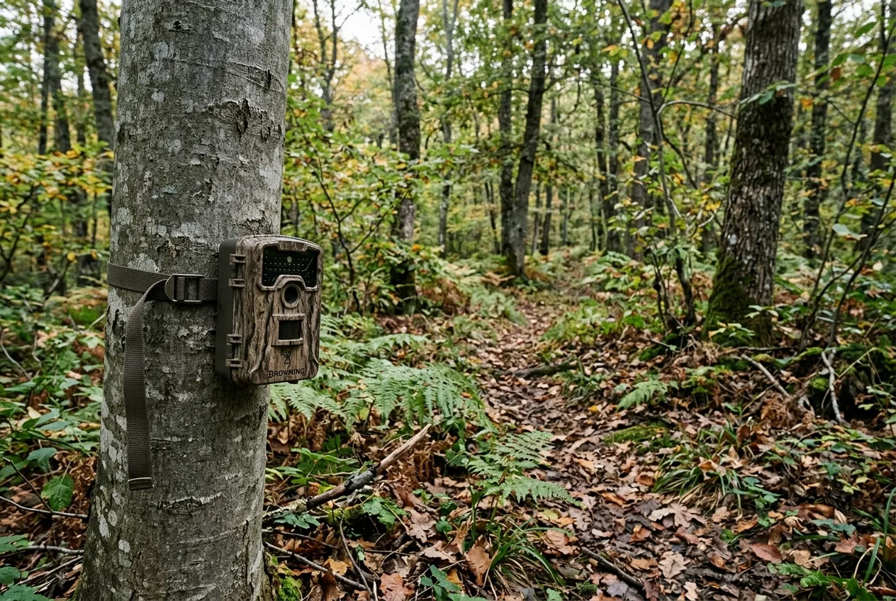 Una fototrappola fissata a circa 50 cm da terra su un tronco, rivolta a nord lungo un passaggio di cinghiali nel bosco, senza esche