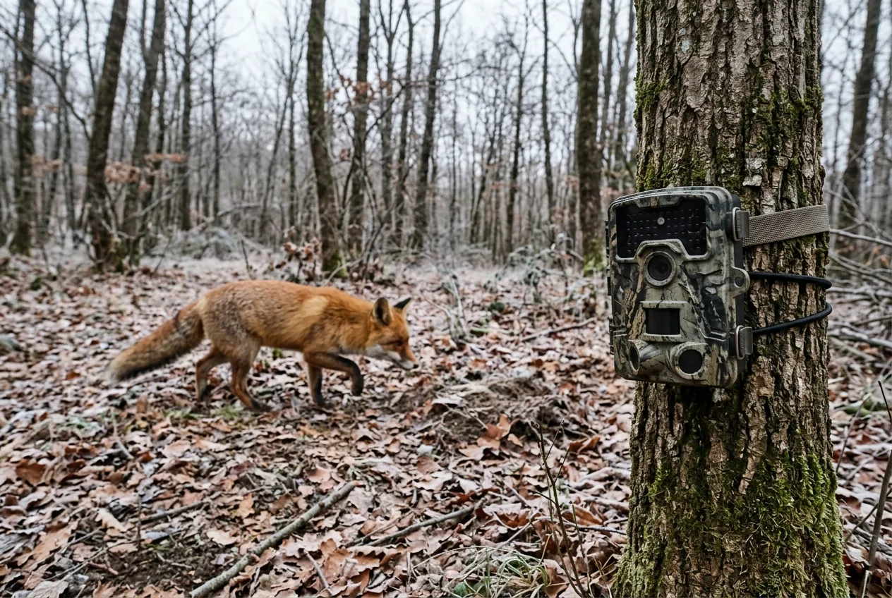 Una fototrappola riprende una volpe che si avvicina con cautela a un cumulo indistinto nella lettiera, in un'inquadratura non cruenta
