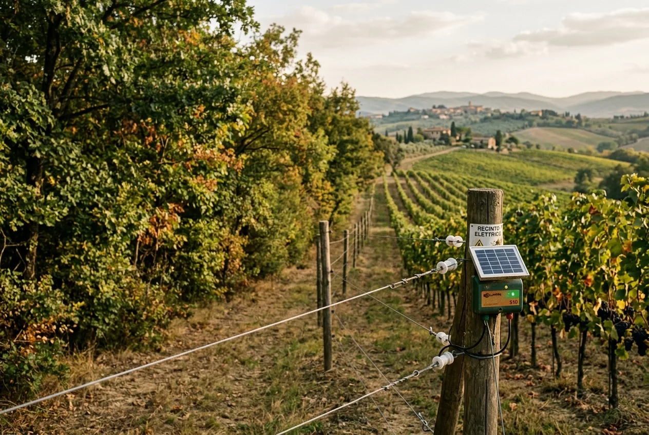 Una recinzione elettrica a pannello solare corre lungo il margine di un vigneto italiano, al confine con il bosco