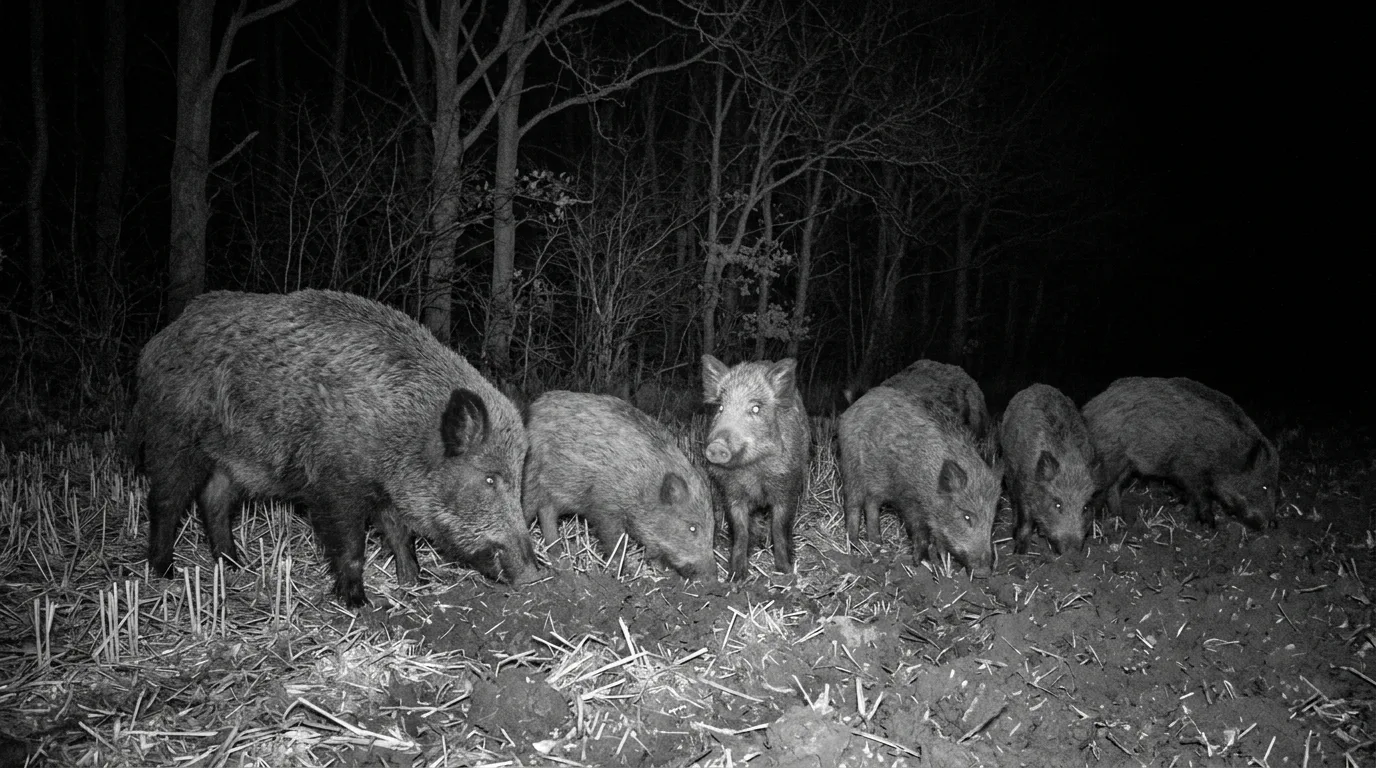 Fotogramma notturno a infrarossi di un branco di cinghiali che gruffa lungo il margine di un campo coltivato, dove le stoppie incontrano il bosco deciduo