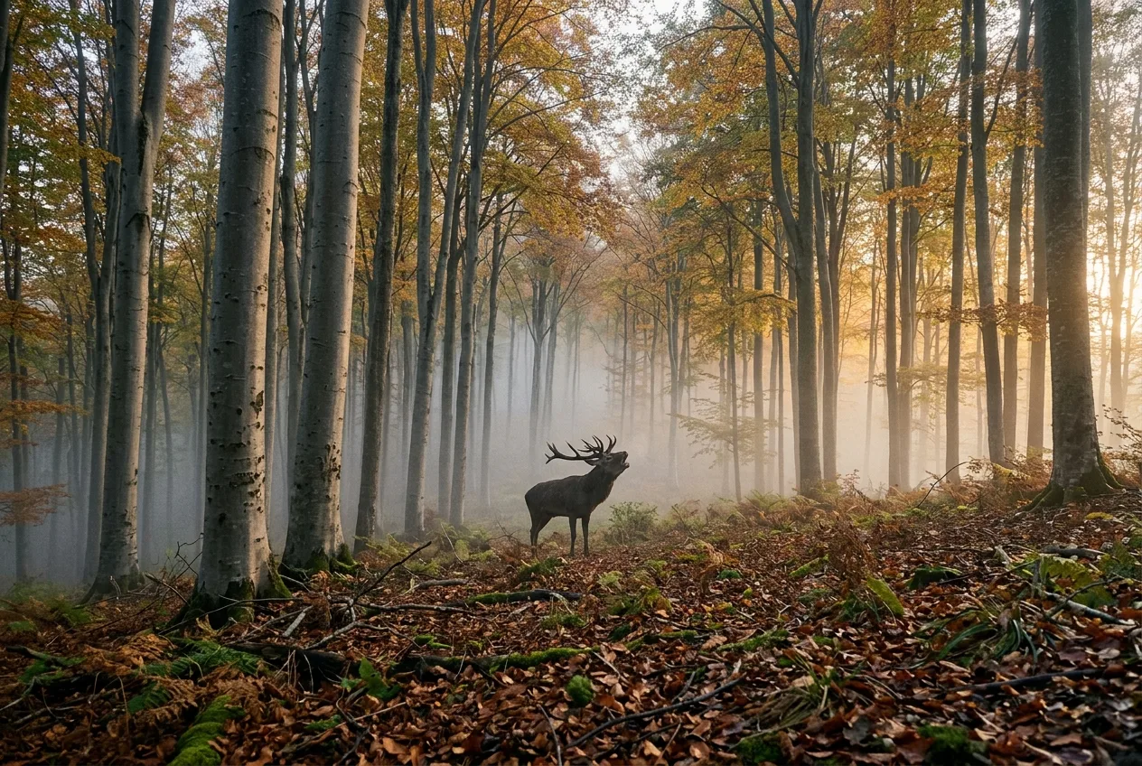 Una faggeta appenninica avvolta dalla nebbia dorata dell'alba, con un cervo in bramito visibile in lontananza tra i tronchi