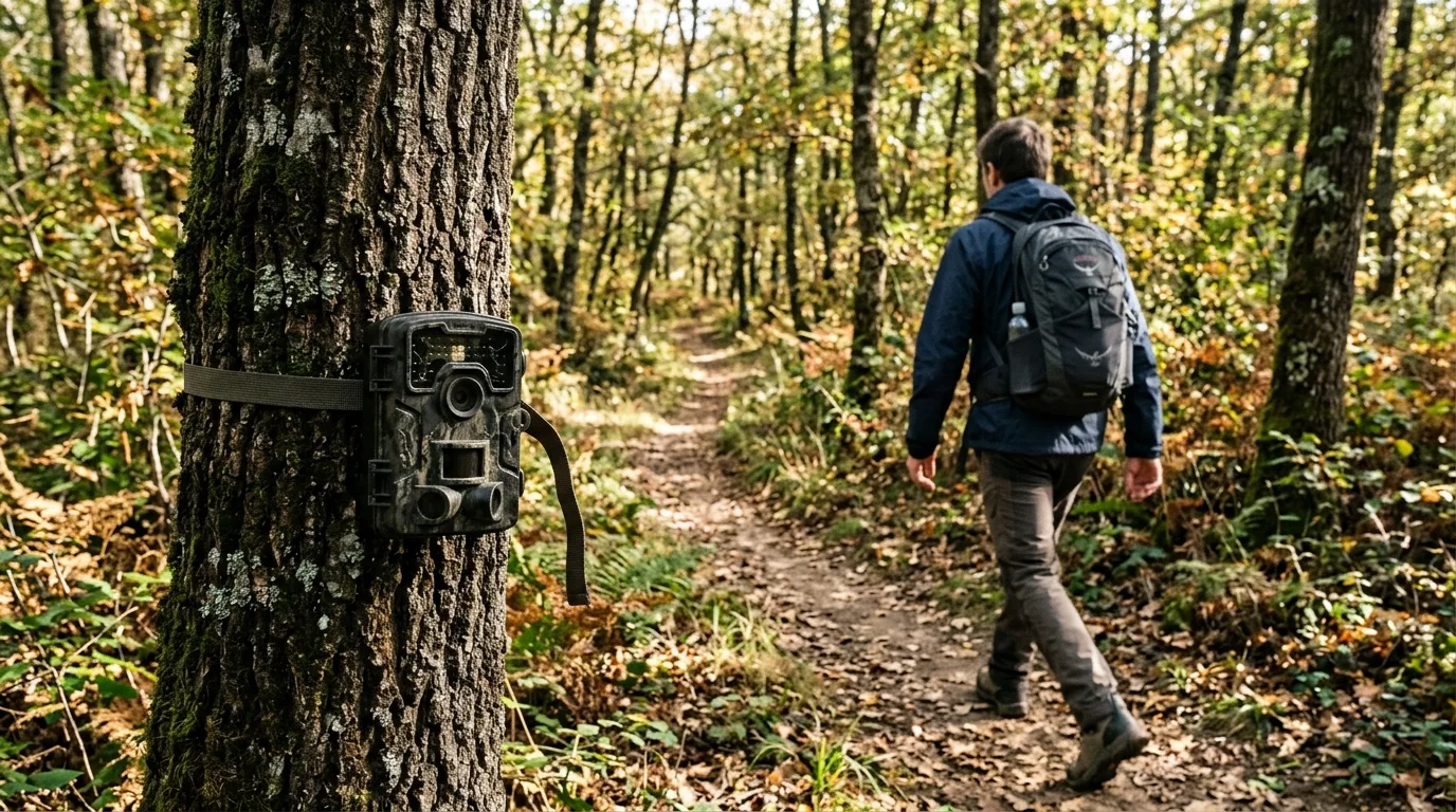 Una fototrappola su un tronco di quercia riprende un escursionista che cammina lungo un sentiero del bosco, con il volto non riconoscibile