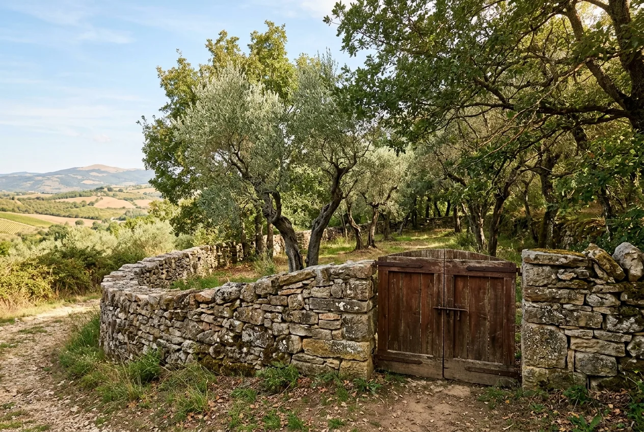 Un muretto a secco con un cancello di legno chiuso delimita un piccolo fondo recintato con ulivi e querce